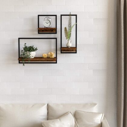 3-Pack Metal Frame Rustic Wooden Floating Shelves - Wall Mounted for Living Room, Bedroom, Office, Bathroom Decor