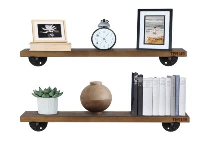 24" Industrial Pipe & Wood Wall Shelf Set of 2 - Espresso Floating Shelves, Rustic Farmhouse Decor with Iron Brackets